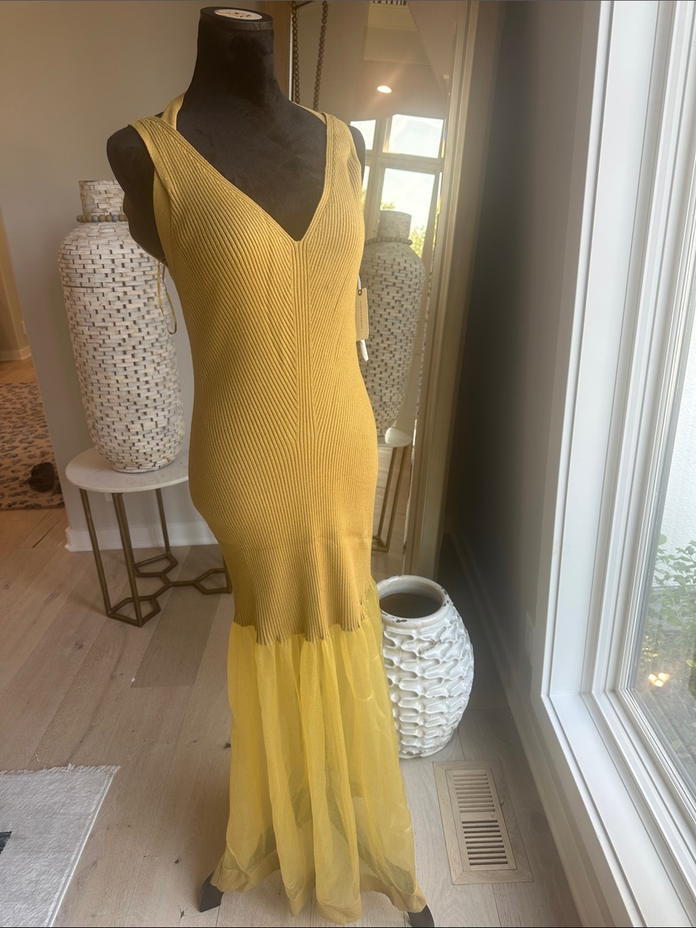 Anthropologie Mustard Yellow Ribbed Knit Maxi Dress with Tulle Hem